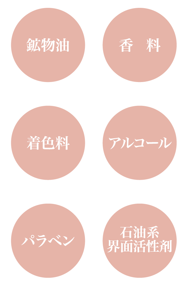 鉱物油、香料、着色料、アルコール、パラベン、石油系界面活性剤